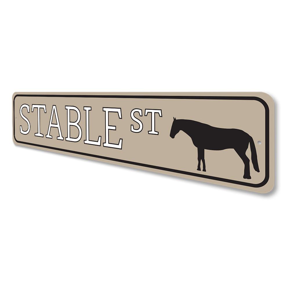 Stable Street Sign made of high-quality aluminum, customizable with personal text, featuring pre-drilled holes for easy mounting.