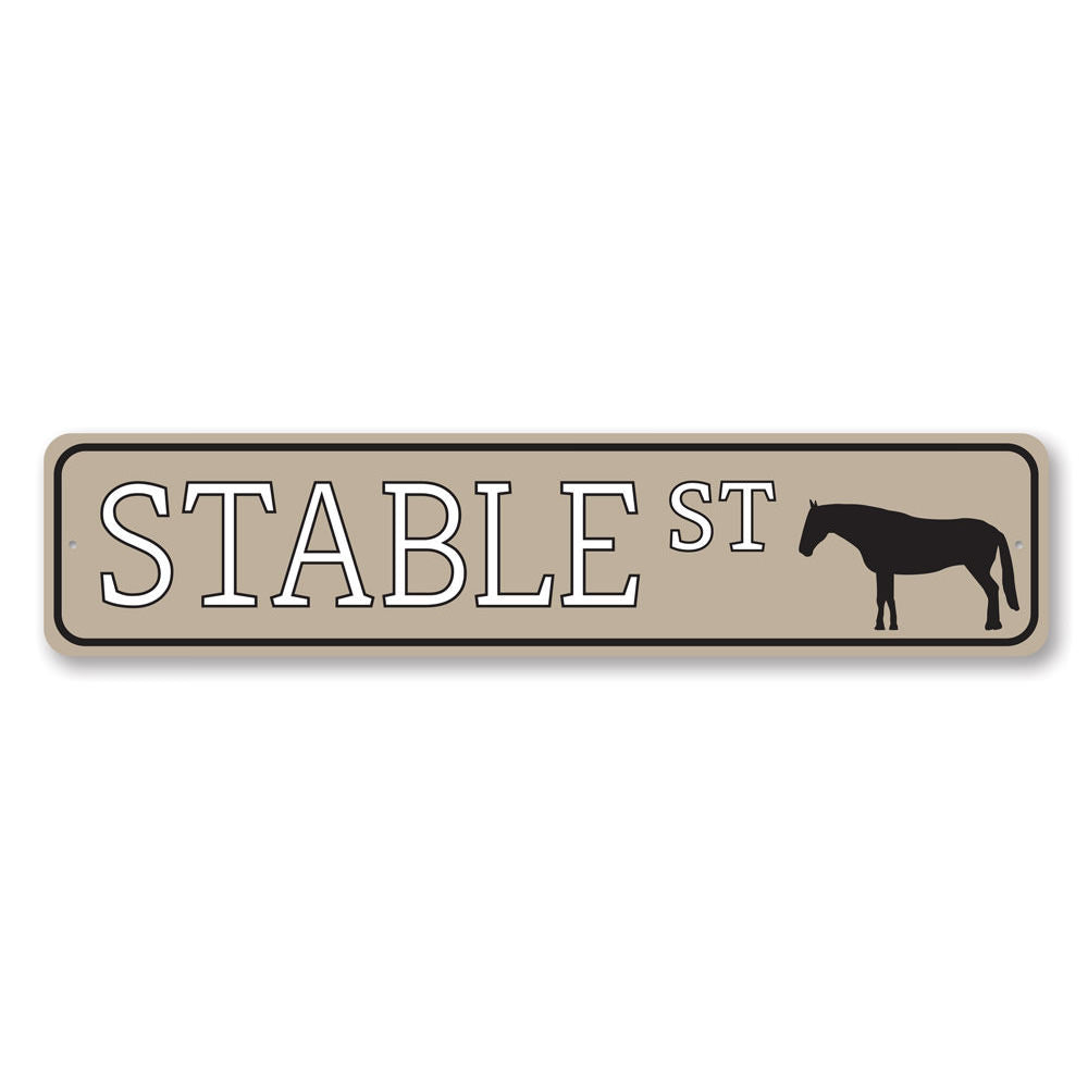 Stable Street Sign made of high-quality aluminum, customizable with personal text, featuring pre-drilled holes for easy mounting.