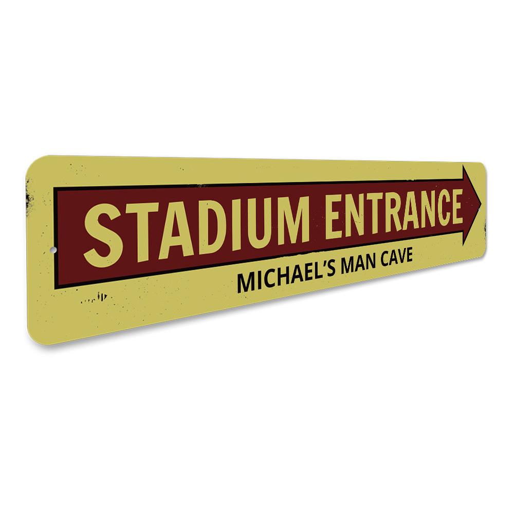 Stadium Entrance Arrow Sign made of high-quality aluminum, featuring customizable text and pre-drilled holes for easy mounting.