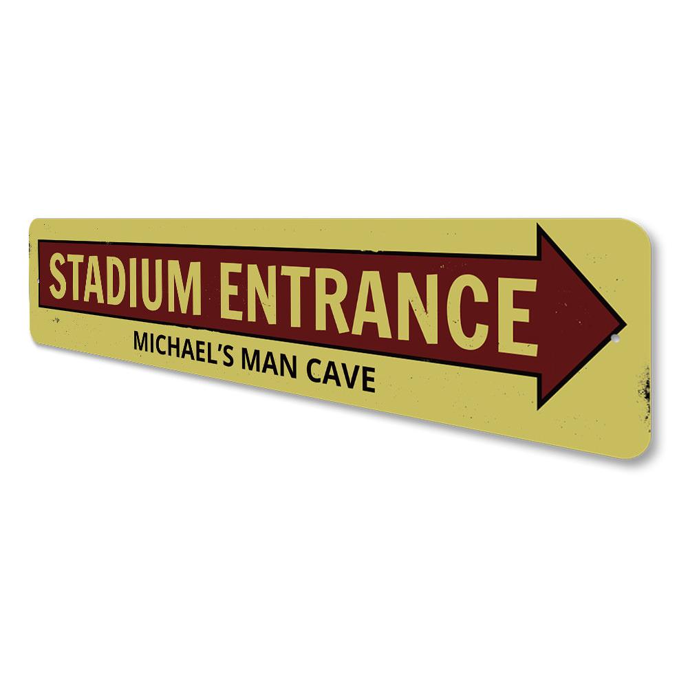 Stadium Entrance Arrow Sign made of high-quality aluminum, featuring customizable text and pre-drilled holes for easy mounting.