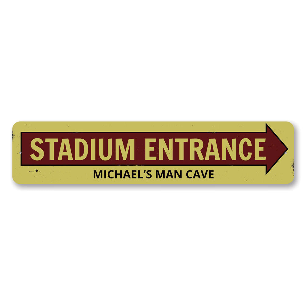 Stadium Entrance Arrow Sign made of high-quality aluminum, featuring customizable text and pre-drilled holes for easy mounting.