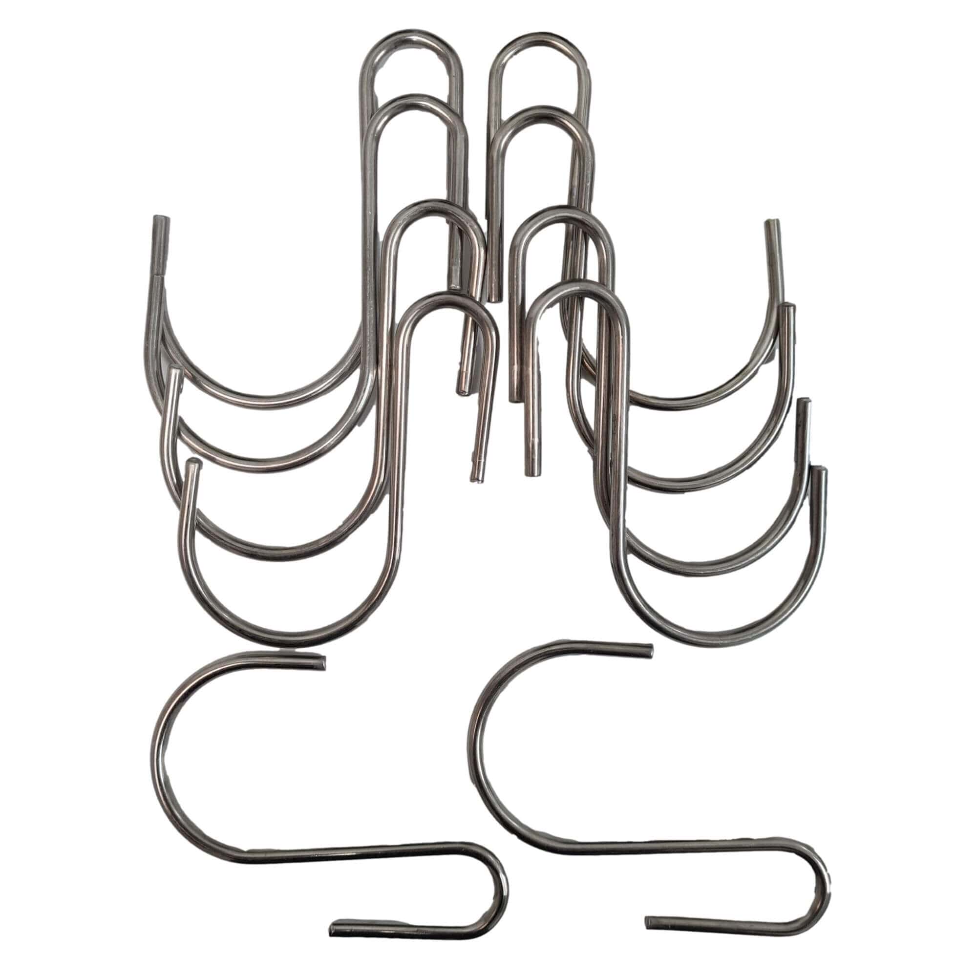 Set of 10 stainless steel hanging hooks, measuring 9cm x 7cm, ideal for indoor and outdoor use.