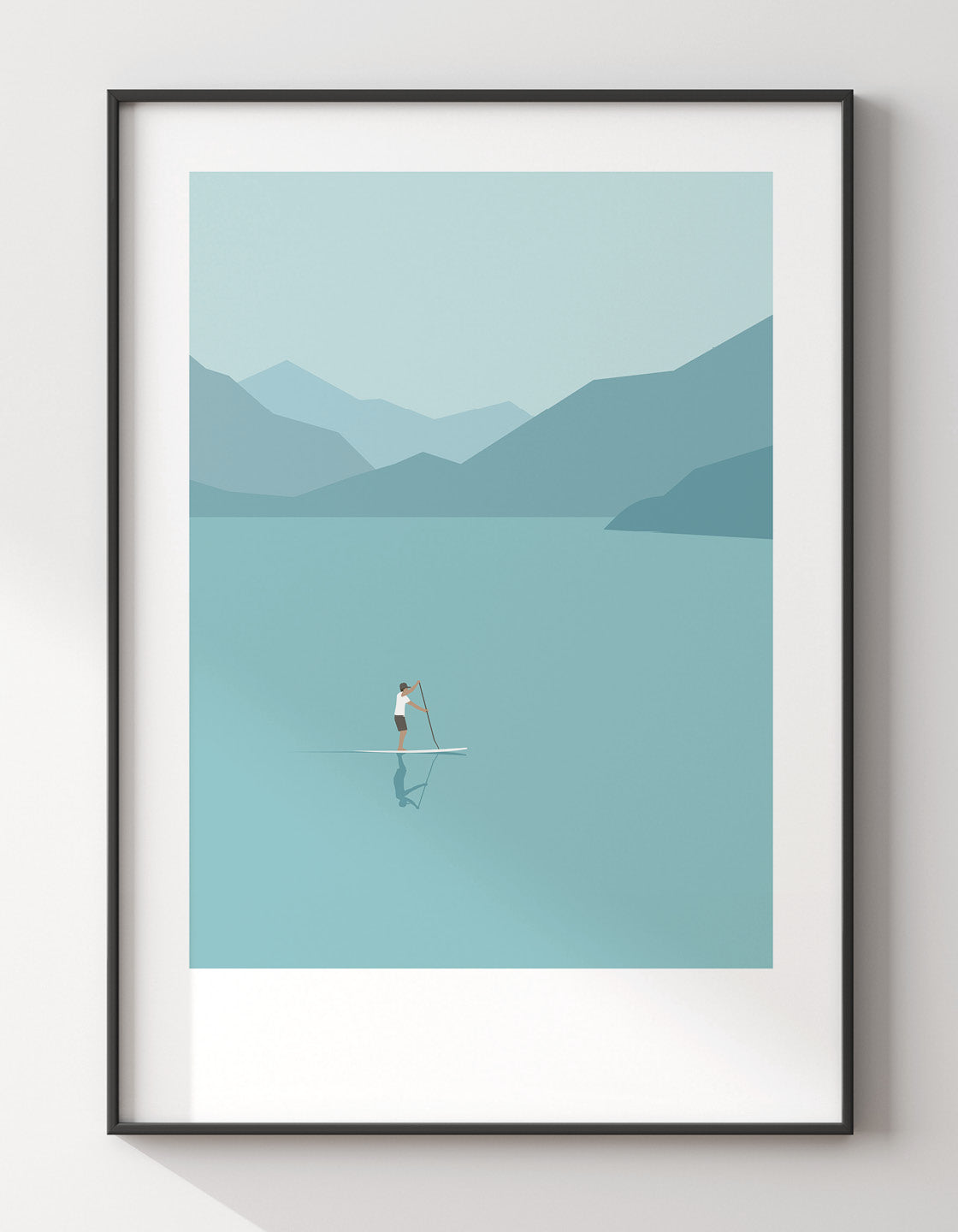 A minimalist art print featuring a stand up paddleboarder on calm blue waters, perfect for home decor.