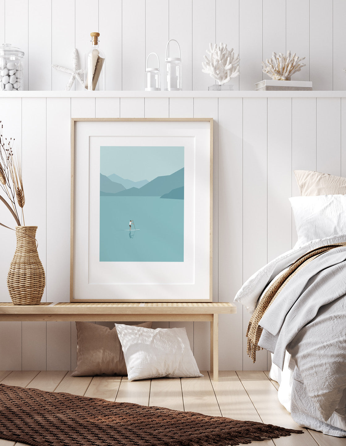 A minimalist art print featuring a stand up paddleboarder on calm blue waters, perfect for home decor.