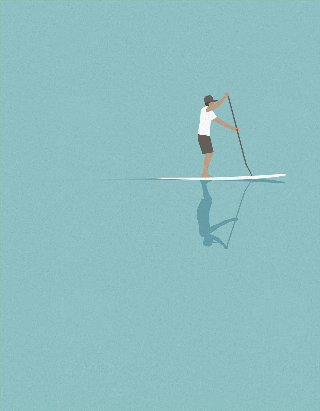 A minimalist art print featuring a stand up paddleboarder on calm blue waters, perfect for home decor.