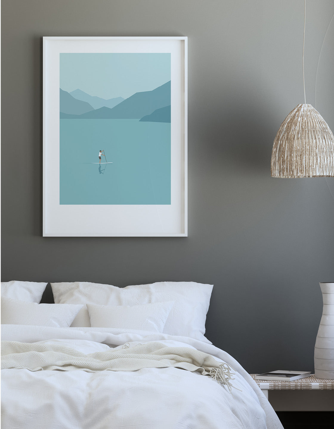 A minimalist art print featuring a stand up paddleboarder on calm blue waters, perfect for home decor.