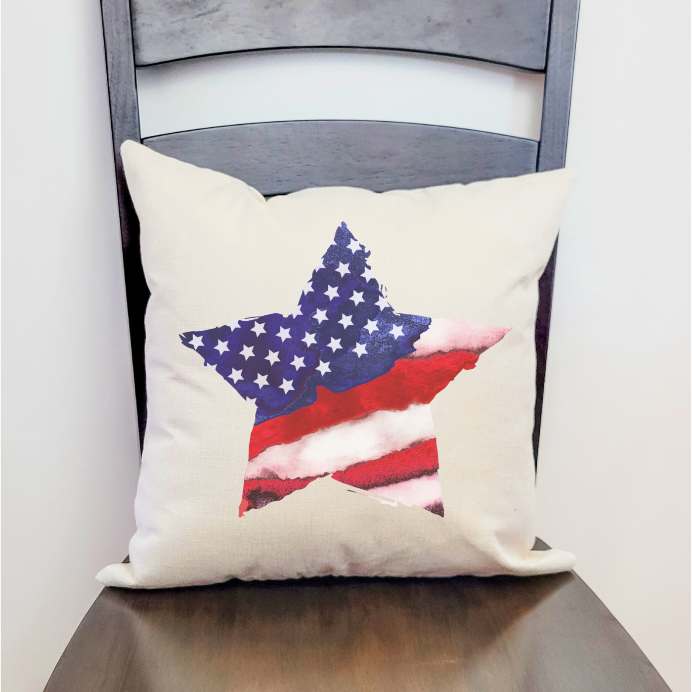 Star Flag Pillow Cover featuring a patriotic design on a light beige background, made from soft polyester linen with a hidden zipper.