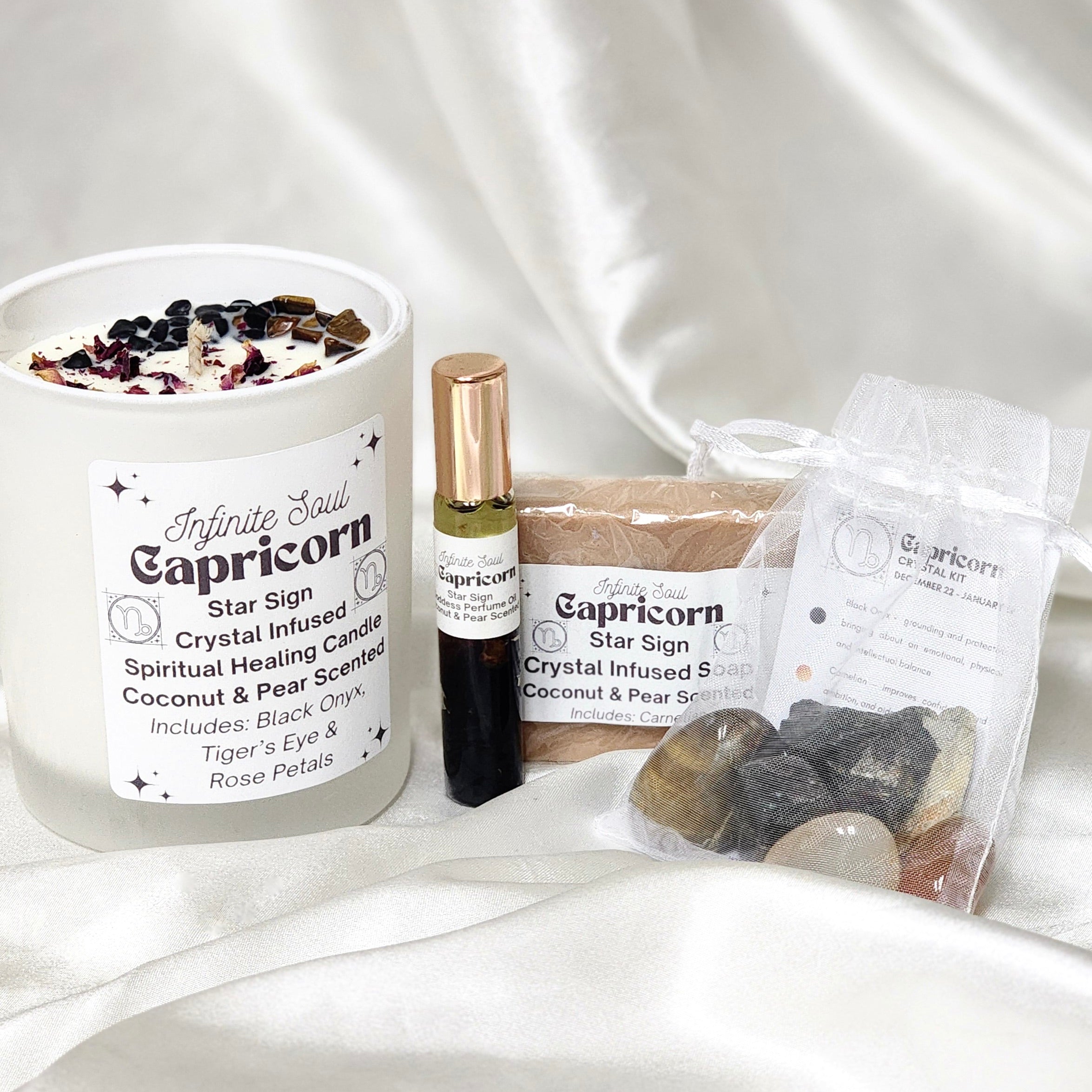 Star Sign Bundle: The Capricorn Collection featuring a healing candle, necklace, earrings, and crystal kit, all designed for Capricorn energy.