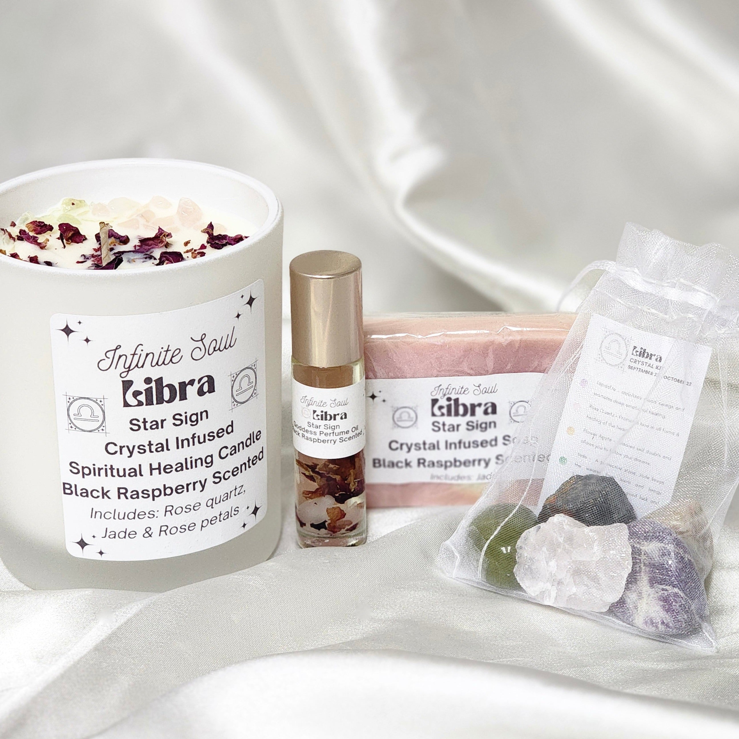 Star Sign Bundle: The Libra Collection featuring a healing candle, jewelry set, perfume oil, and crystal kit, all designed for Libra.