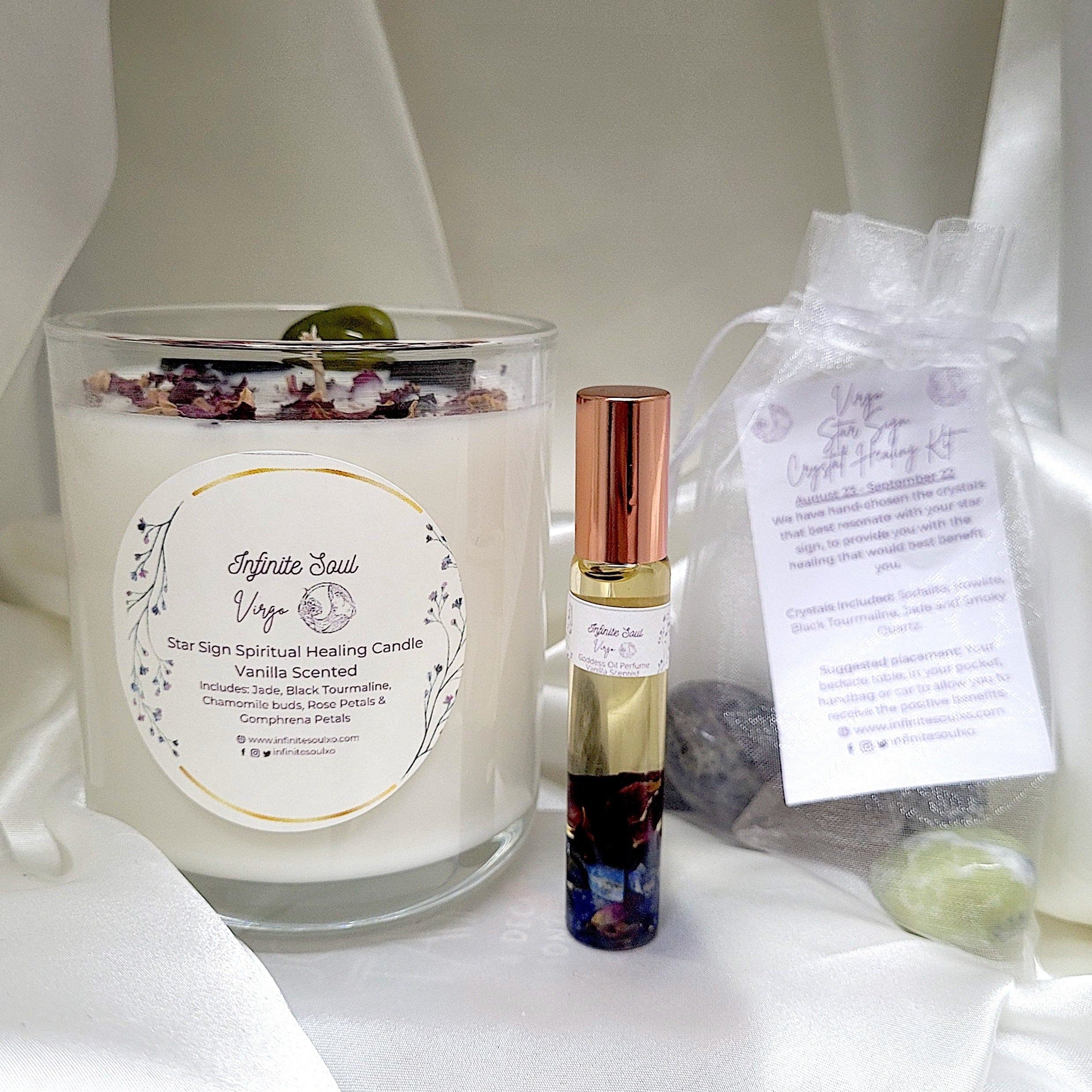 Star Sign Bundle featuring Virgo Collection with candle, necklace, earrings, and perfume oil, beautifully arranged.