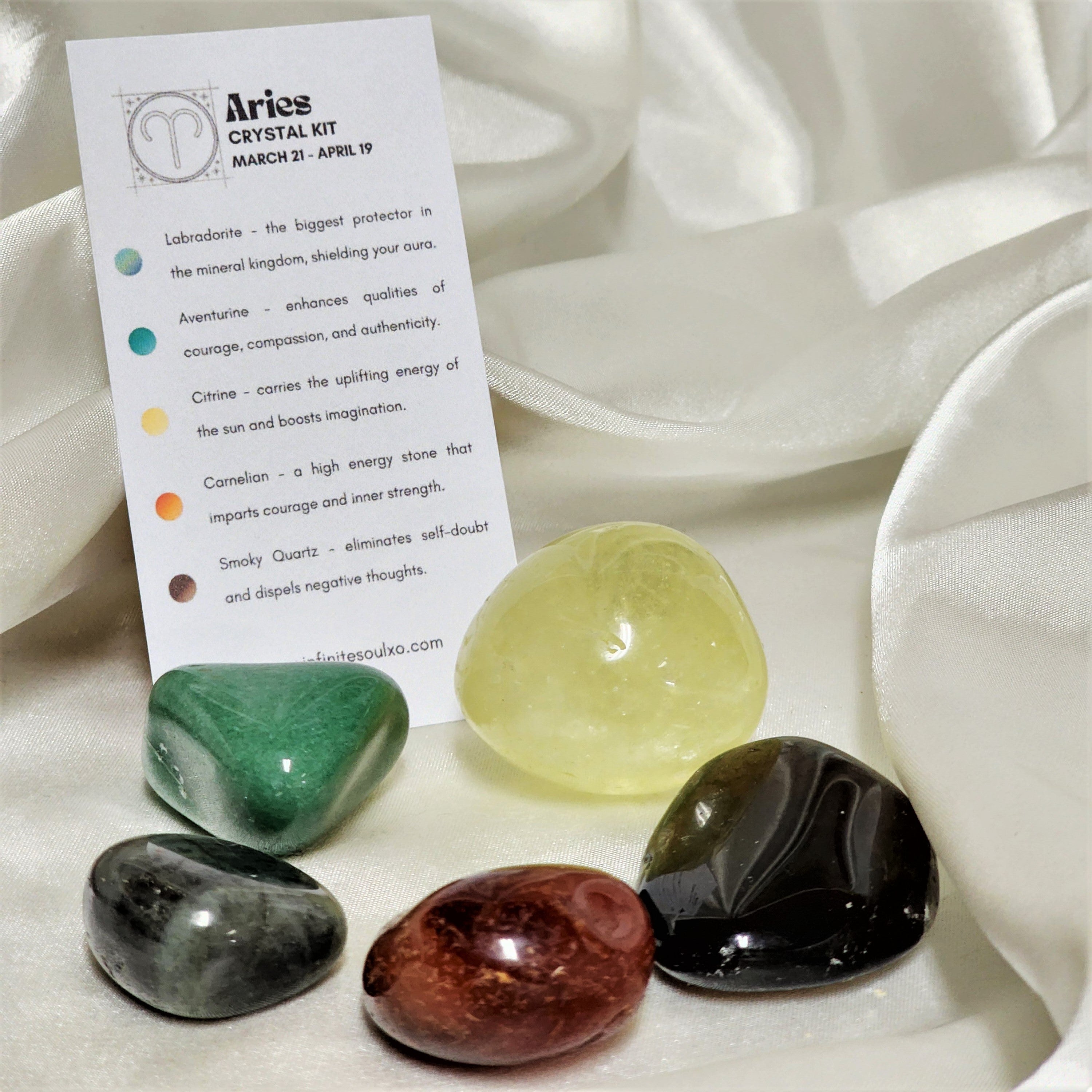 Star Sign Crystal Healing Kit for Aries featuring five unique healing crystals: Labradorite, Citrine, Green Aventurine, Carnelian, and Smoky Quartz.