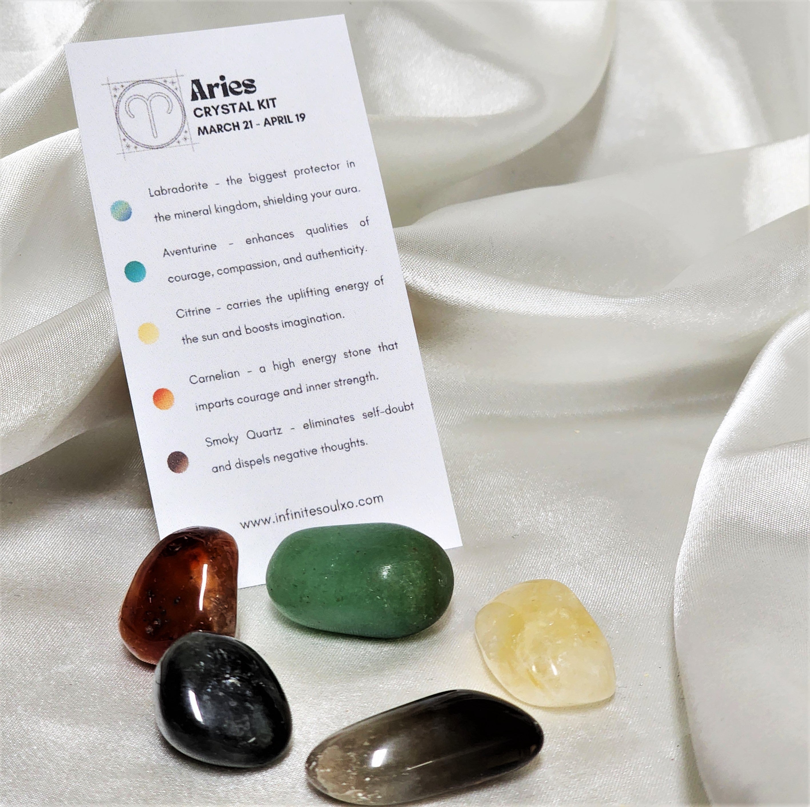 Star Sign Crystal Healing Kit for Aries featuring five unique healing crystals: Labradorite, Citrine, Green Aventurine, Carnelian, and Smoky Quartz.