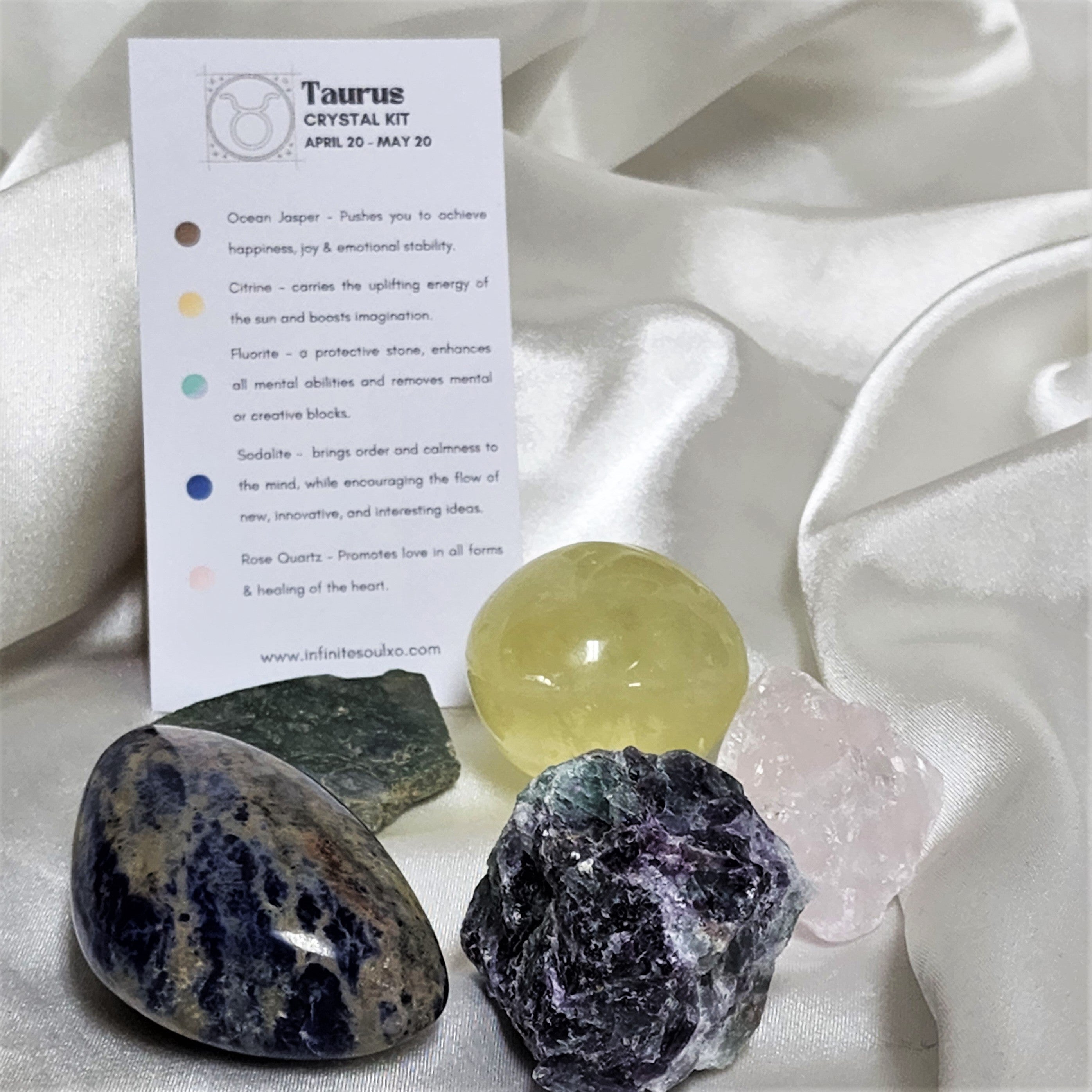 Taurus Star Sign Crystal Healing Kit featuring Rose Quartz, Citrine, Fluorite, Sodalite, and Ocean Jasper in an elegant arrangement.