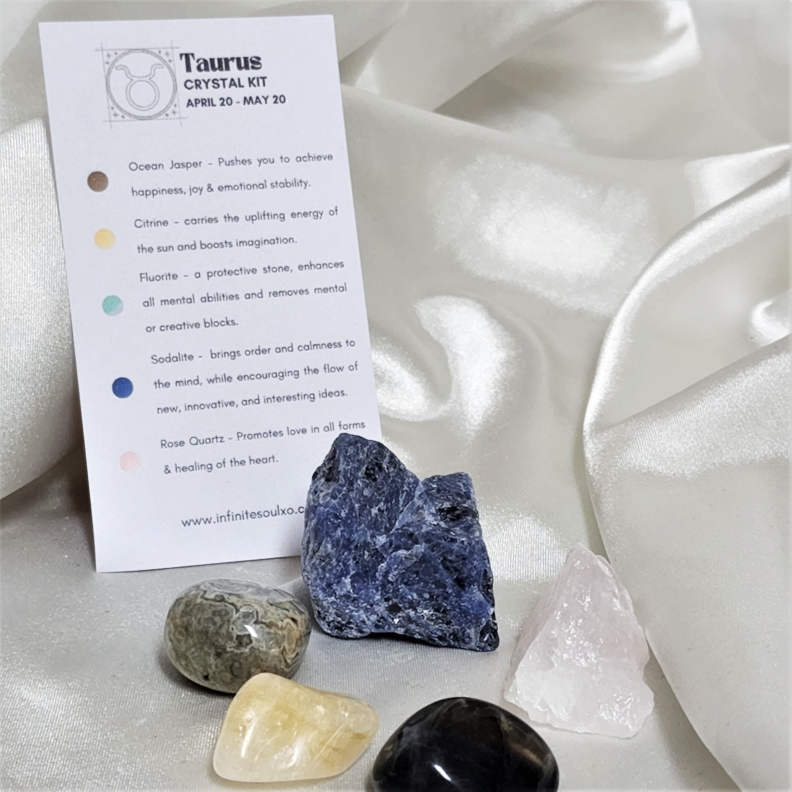 Taurus Star Sign Crystal Healing Kit featuring Rose Quartz, Citrine, Fluorite, Sodalite, and Ocean Jasper in an elegant arrangement.