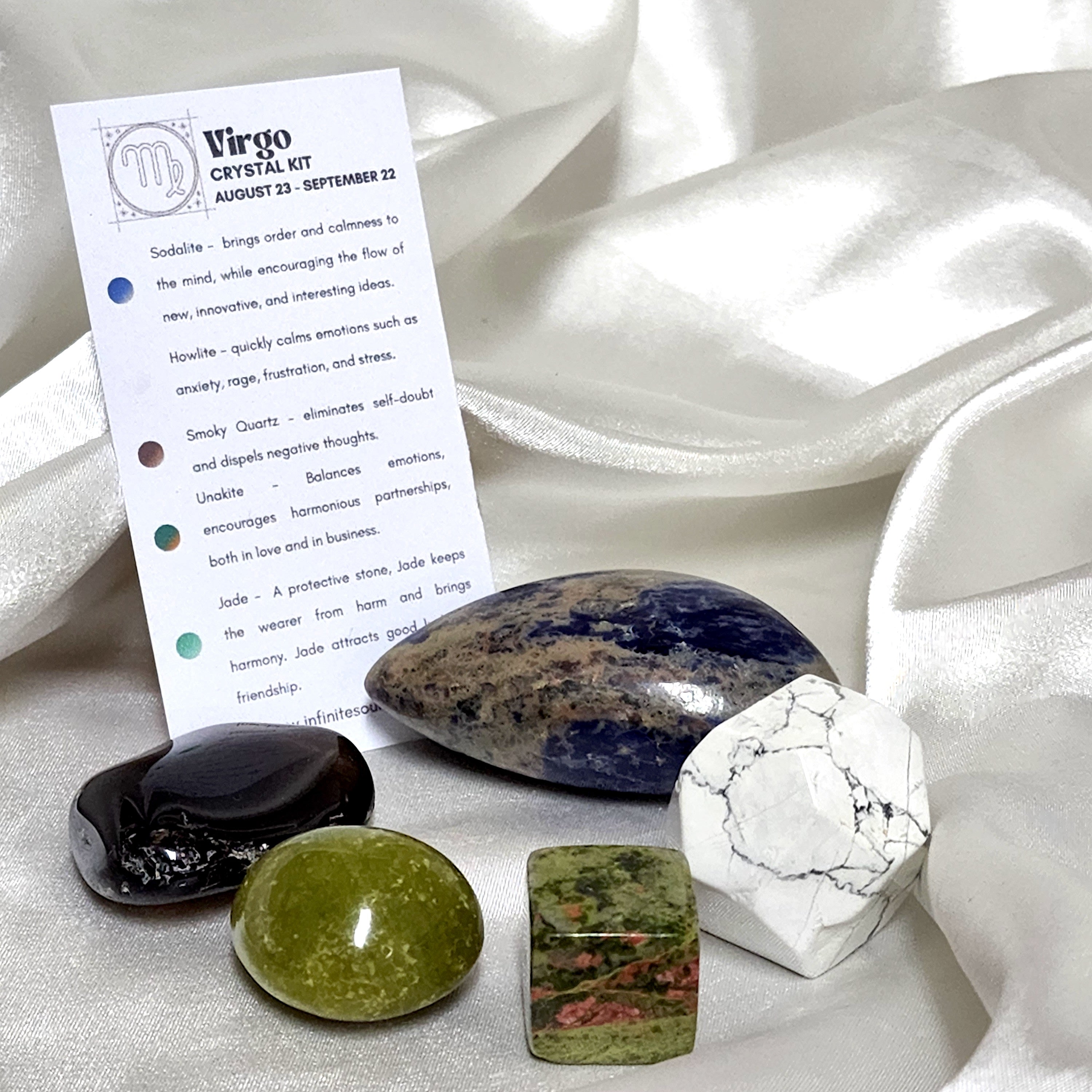 Virgo Star Sign Crystal Healing Kit featuring Sodalite, Howlite, Smoky Quartz, Jade, and Unakite in a small pouch.