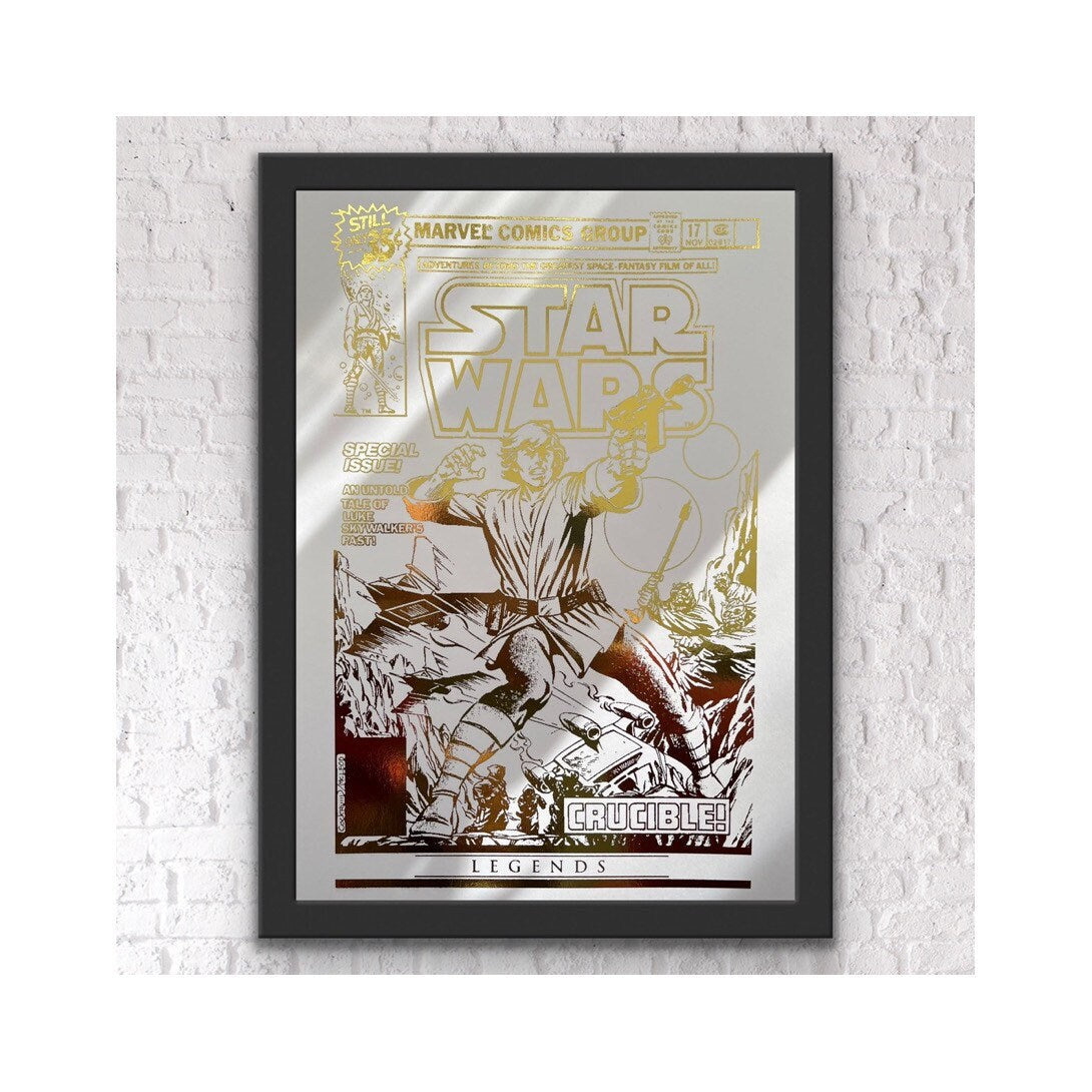 Star Wars comic cover foil print featuring iconic characters and gold foil detailing, perfect for fans and collectors.