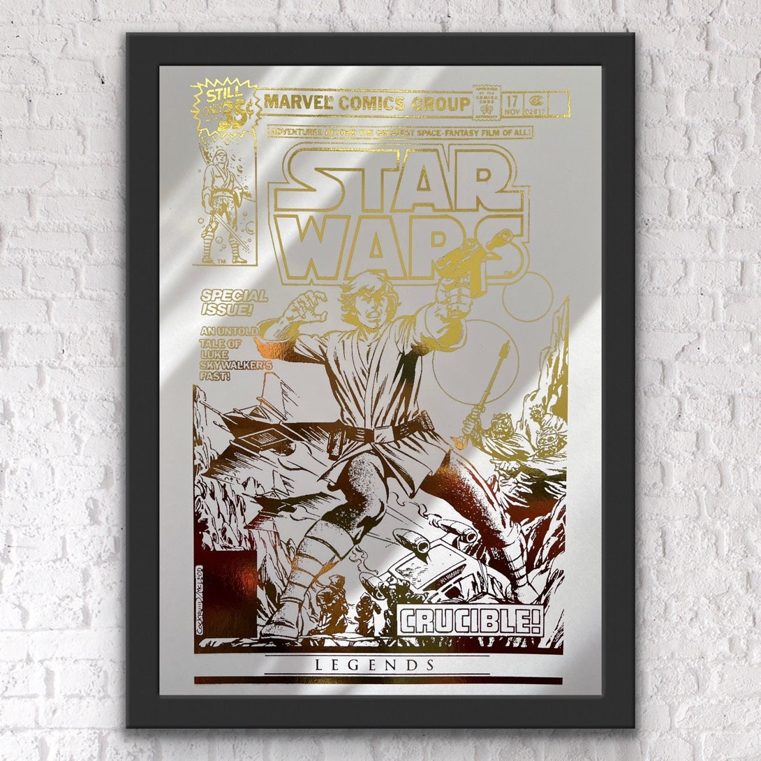 Star Wars comic cover foil print featuring iconic characters and gold foil detailing, perfect for fans and collectors.