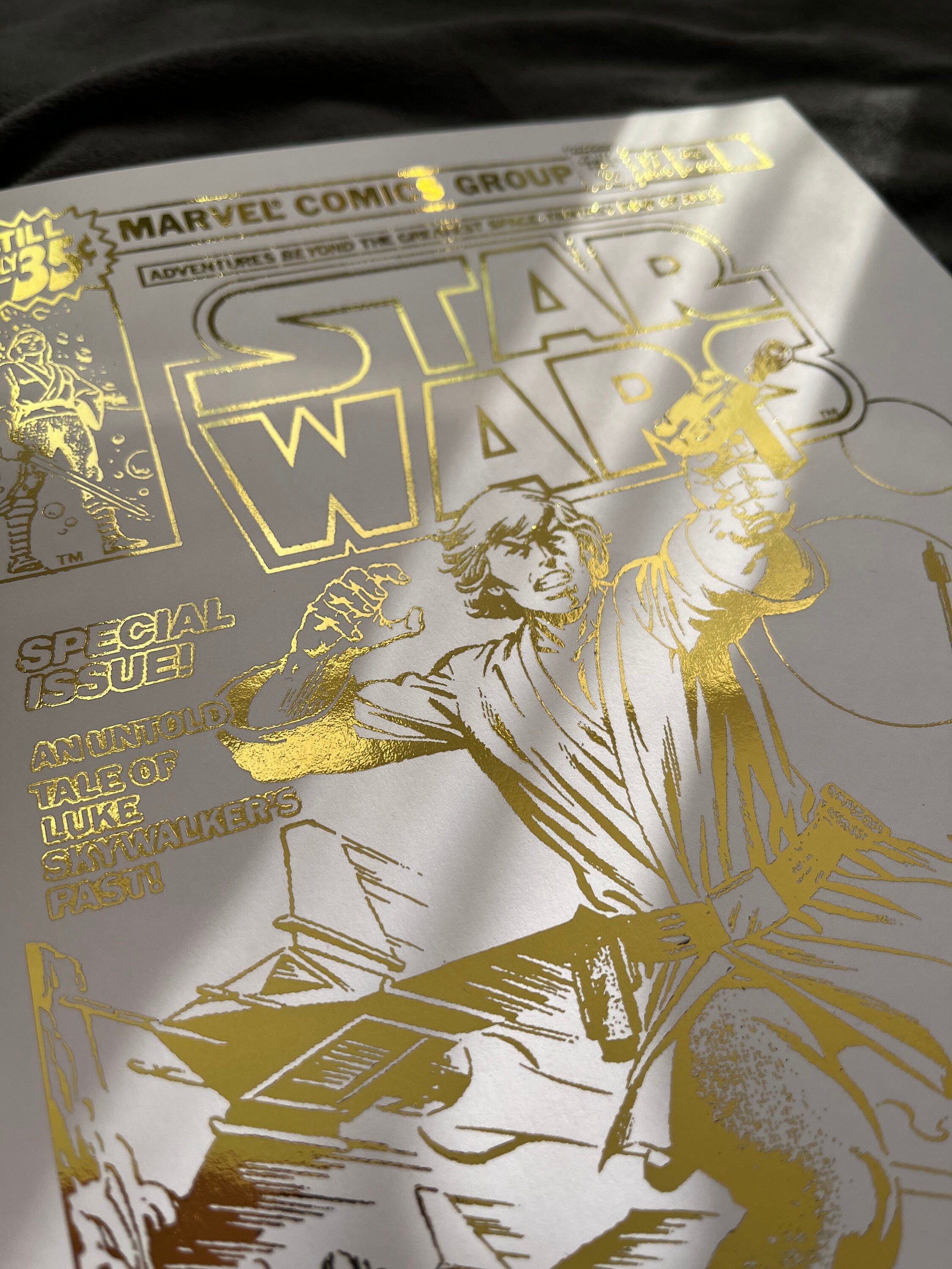 Star Wars comic cover foil print featuring iconic characters and gold foil detailing, perfect for fans and collectors.