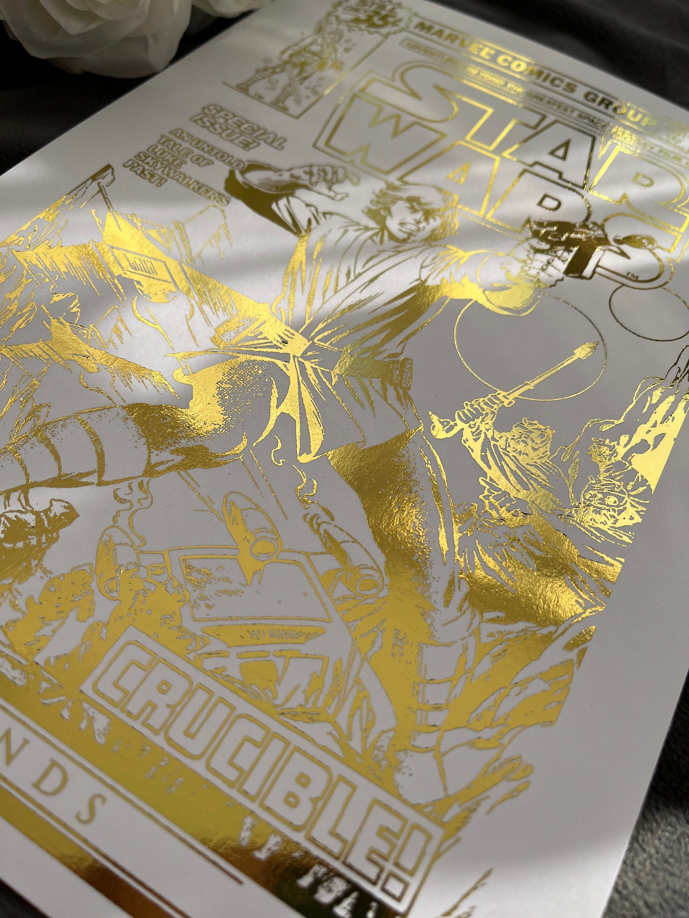 Star Wars comic cover foil print featuring iconic characters and gold foil detailing, perfect for fans and collectors.