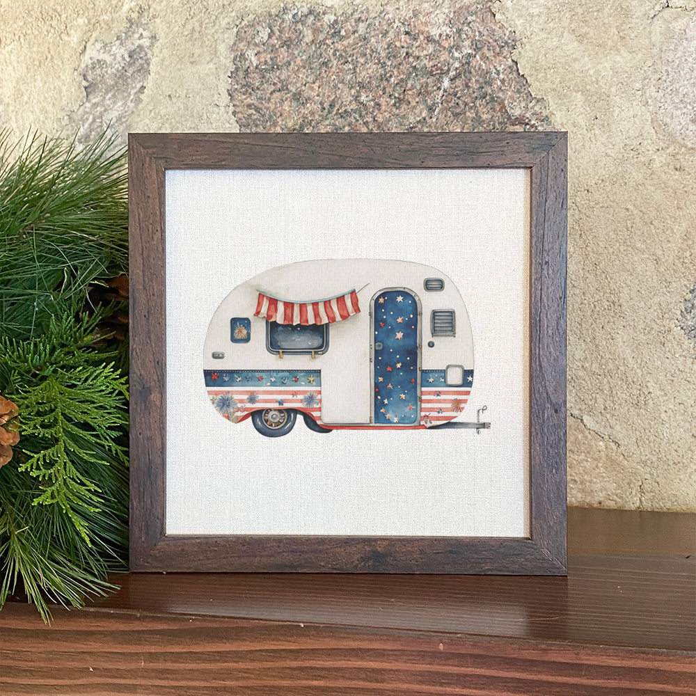 Starry Camper framed sign with a wood frame and linen-look background, perfect for home decor.