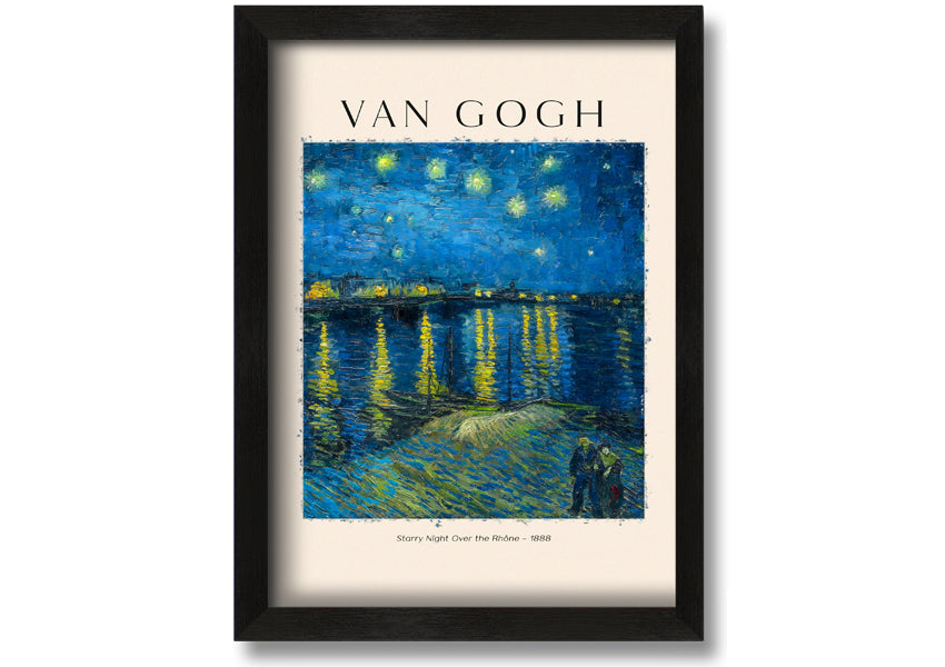 Canvas print of Van Gogh's Starry Night Over The Rhône, mounted on a box frame, showcasing vibrant colors and swirling night sky.