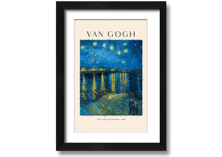 Canvas print of Van Gogh's Starry Night Over The Rhône, mounted on a box frame, showcasing vibrant colors and swirling night sky.