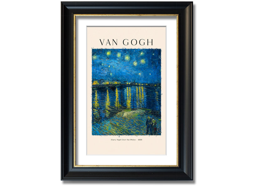 Canvas print of Van Gogh's Starry Night Over The Rhône, mounted on a box frame, showcasing vibrant colors and swirling night sky.