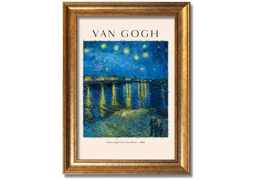 Canvas print of Van Gogh's Starry Night Over The Rhône, mounted on a box frame, showcasing vibrant colors and swirling night sky.