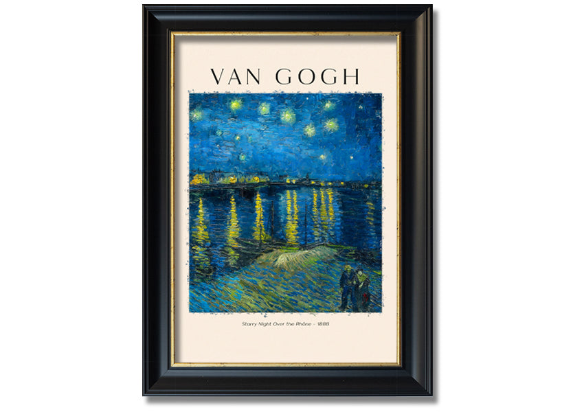 Canvas print of Van Gogh's Starry Night Over The Rhône, mounted on a box frame, showcasing vibrant colors and swirling night sky.