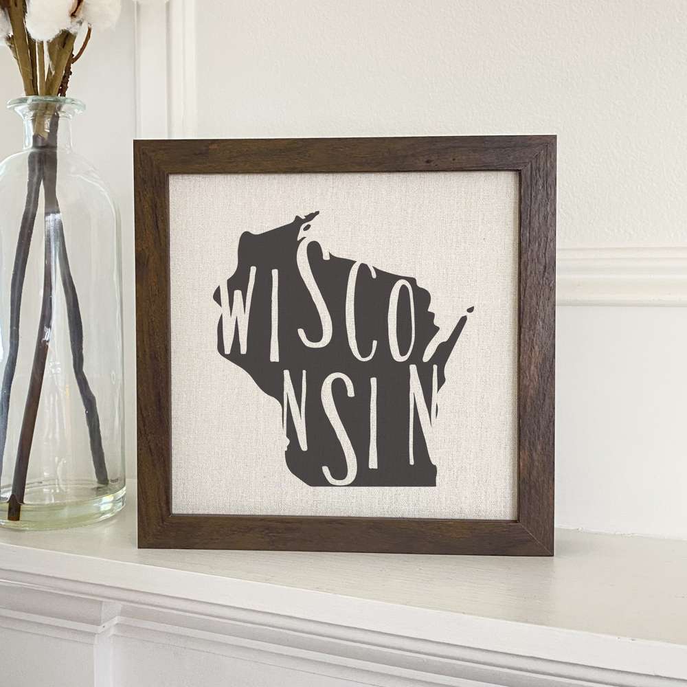 Stylish State Art Framed Sign with a wood frame, featuring eco-friendly printing on a linen-look background.