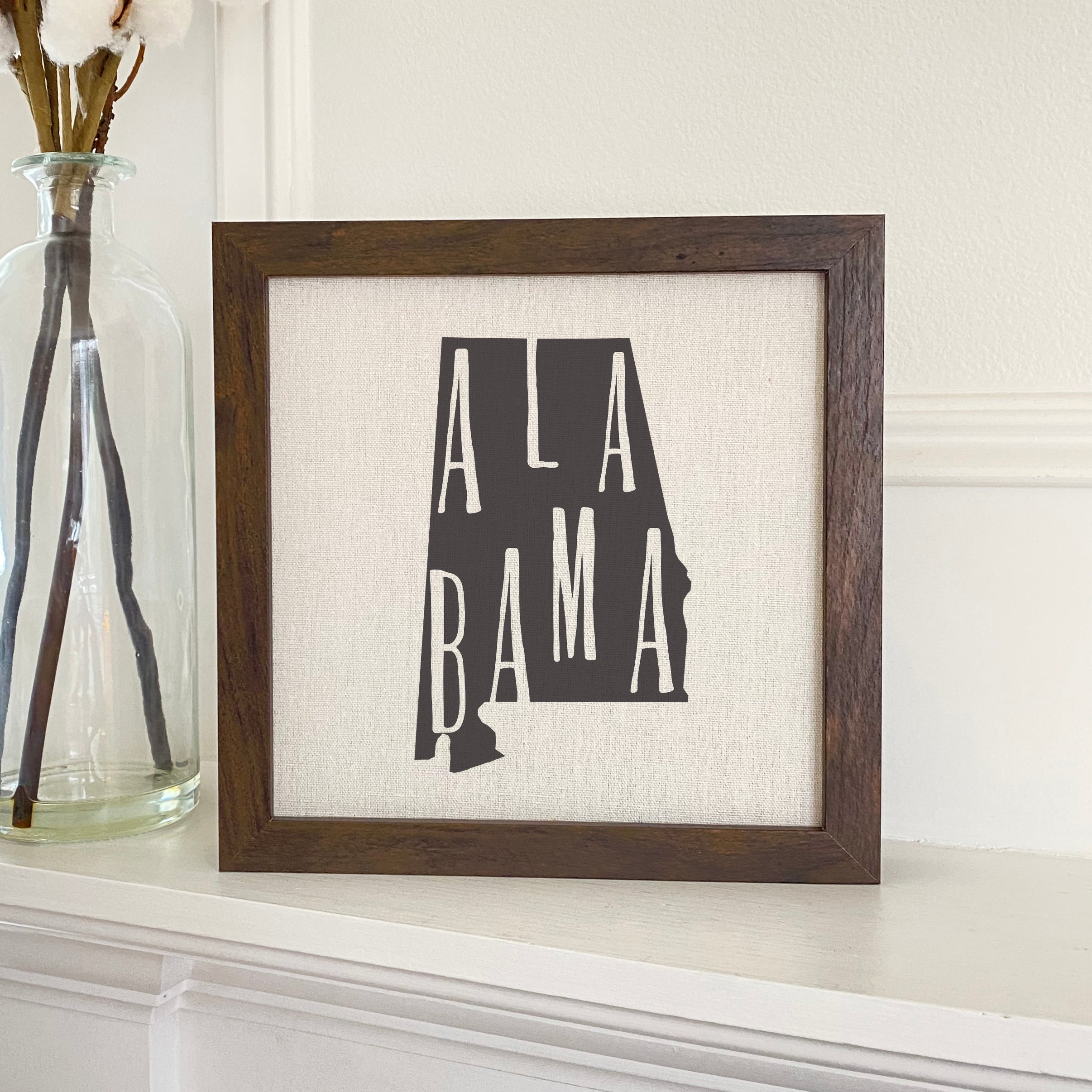 Stylish State Art Framed Sign with a wood frame, featuring eco-friendly printing on a linen-look background.