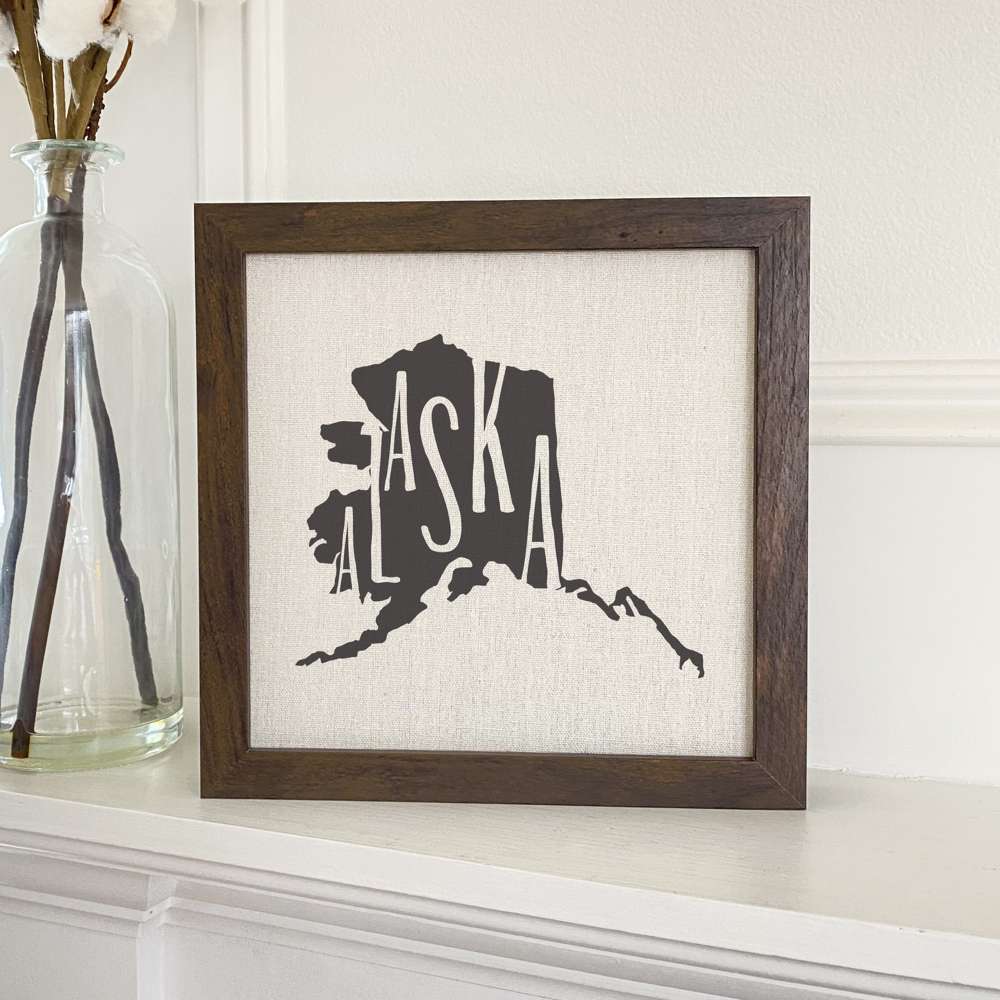 Stylish State Art Framed Sign with a wood frame, featuring eco-friendly printing on a linen-look background.