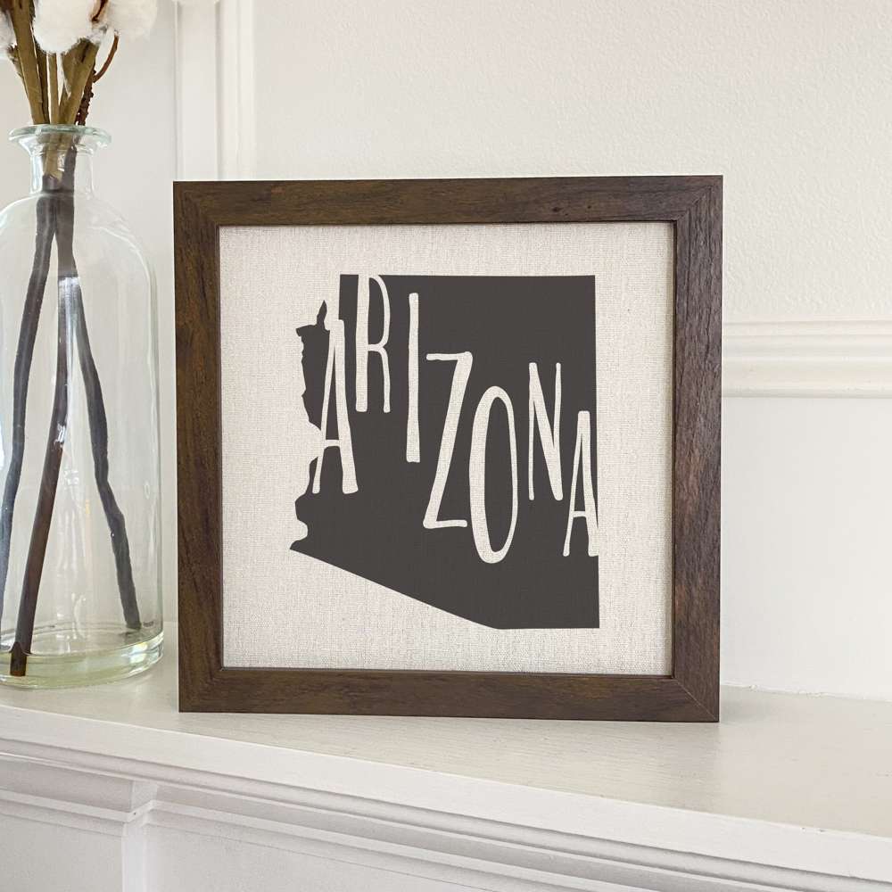 Stylish State Art Framed Sign with a wood frame, featuring eco-friendly printing on a linen-look background.