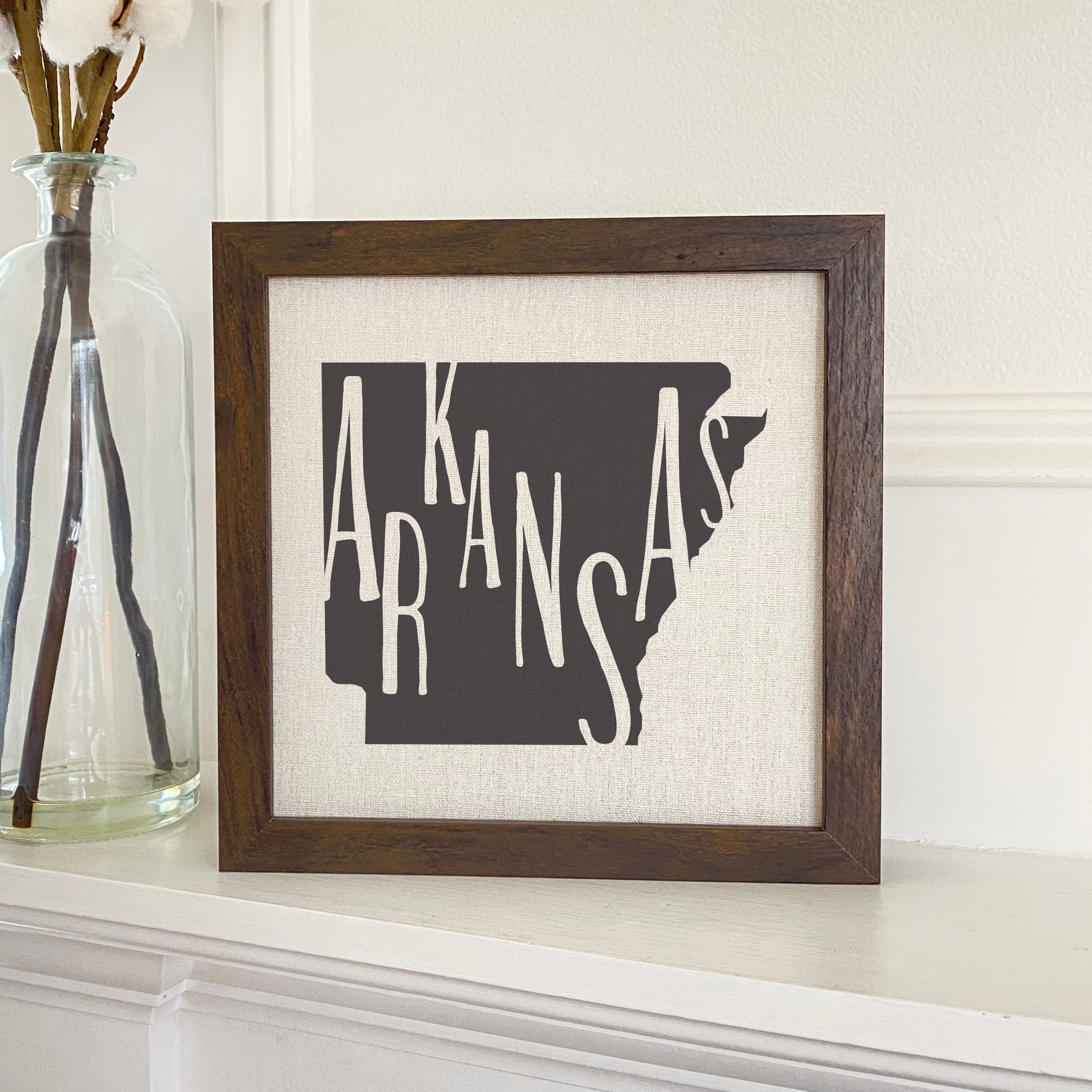 Stylish State Art Framed Sign with a wood frame, featuring eco-friendly printing on a linen-look background.