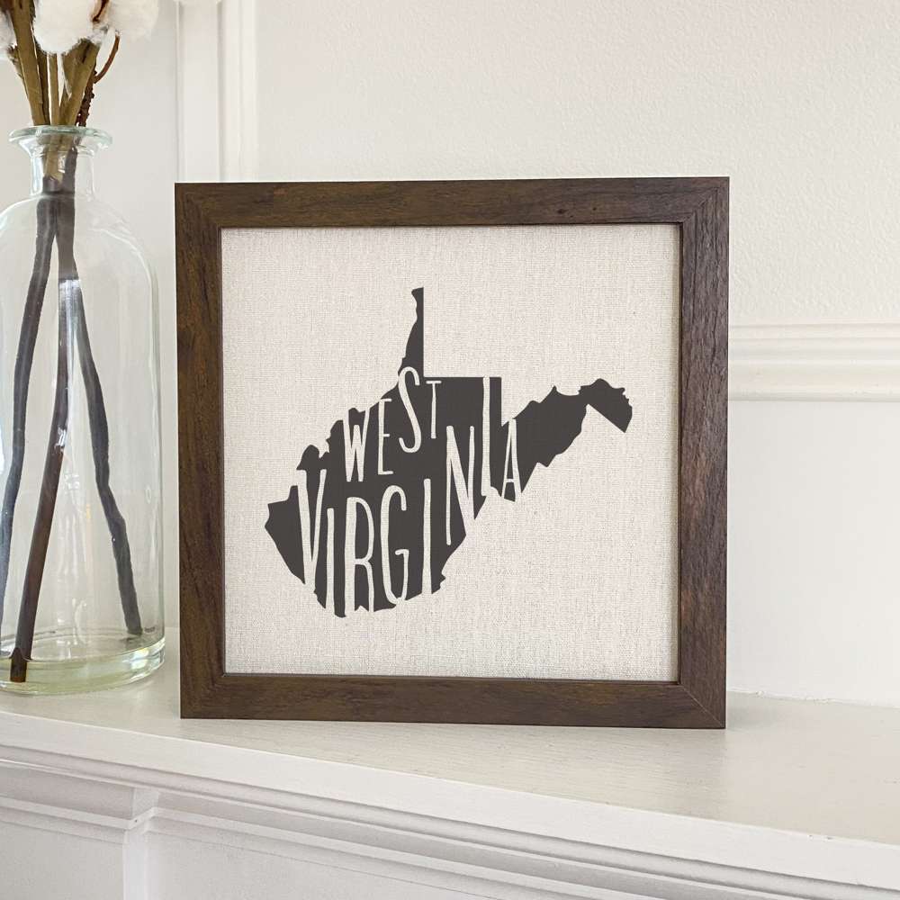 Stylish State Art Framed Sign with a wood frame, featuring eco-friendly printing on a linen-look background.