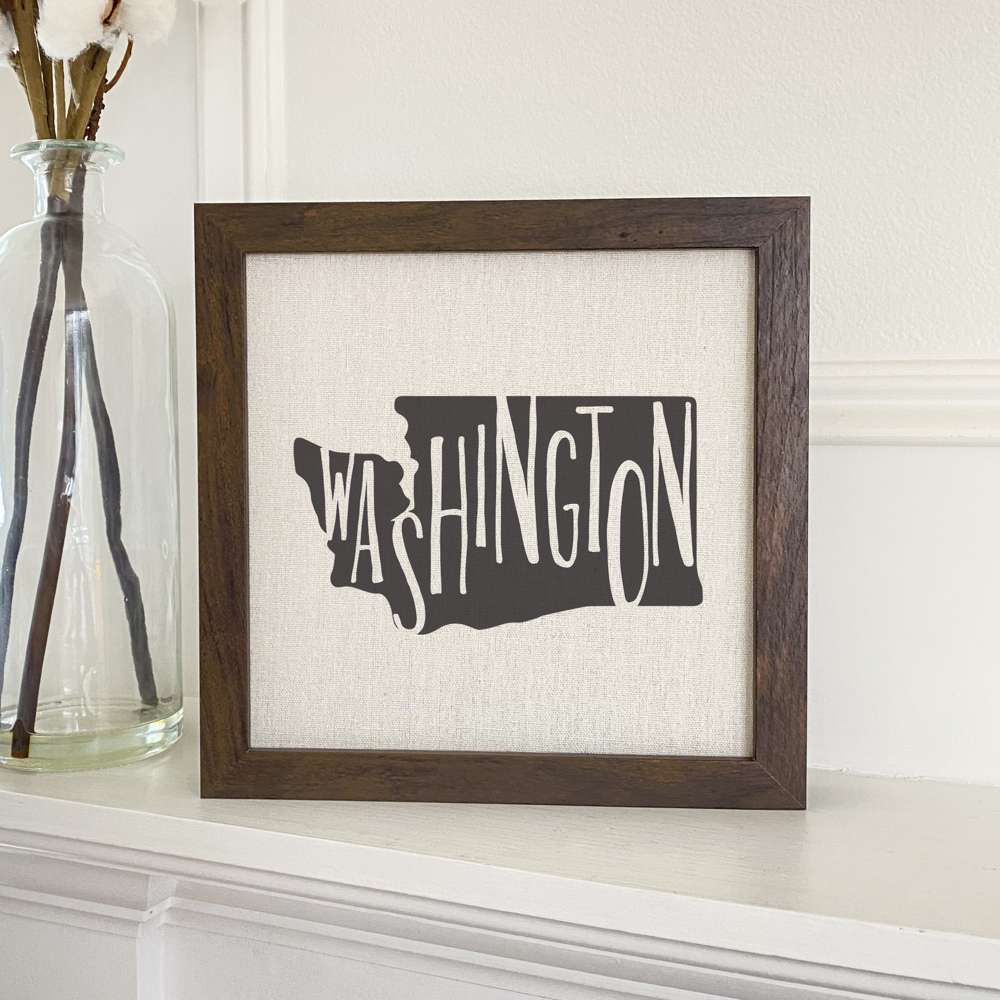 Stylish State Art Framed Sign with a wood frame, featuring eco-friendly printing on a linen-look background.