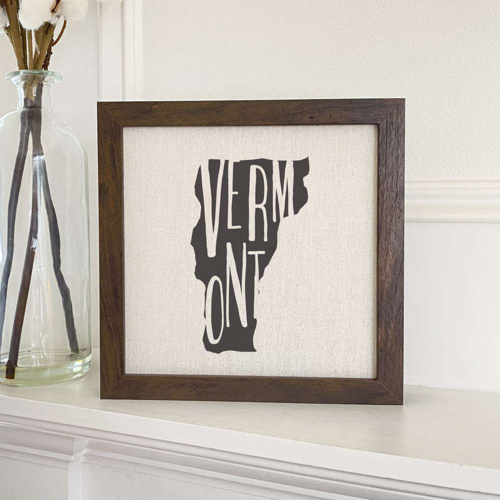 Stylish State Art Framed Sign with a wood frame, featuring eco-friendly printing on a linen-look background.