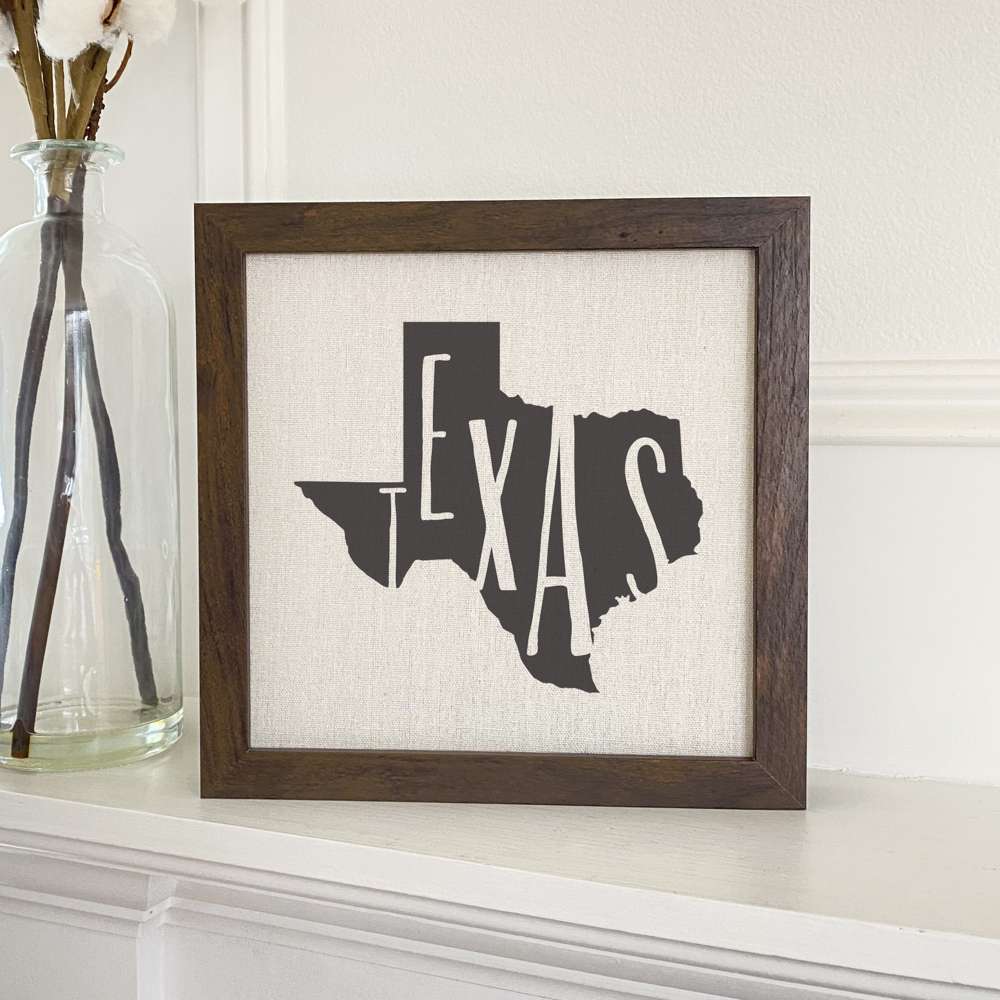 Stylish State Art Framed Sign with a wood frame, featuring eco-friendly printing on a linen-look background.