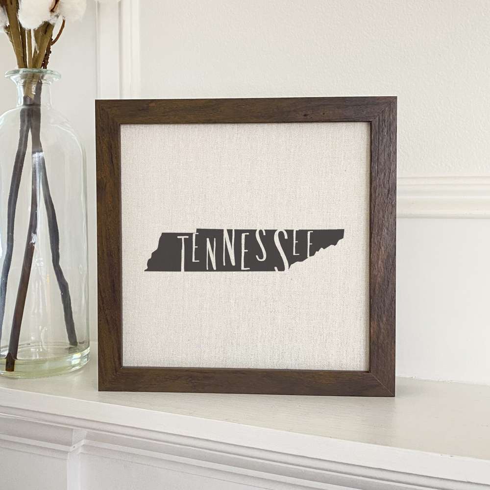 Stylish State Art Framed Sign with a wood frame, featuring eco-friendly printing on a linen-look background.