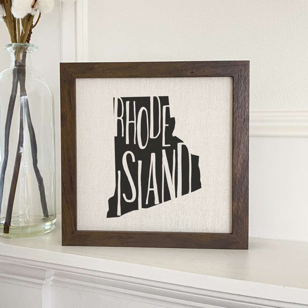 Stylish State Art Framed Sign with a wood frame, featuring eco-friendly printing on a linen-look background.