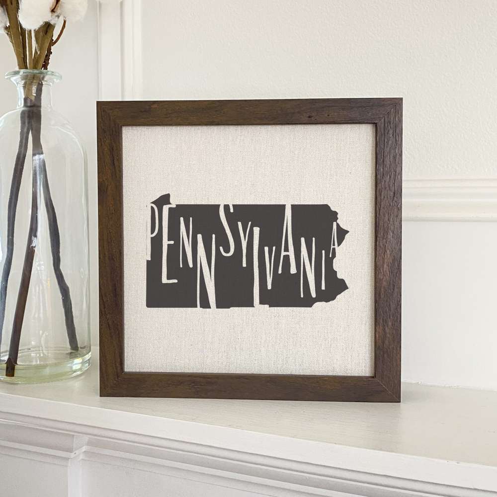 Stylish State Art Framed Sign with a wood frame, featuring eco-friendly printing on a linen-look background.