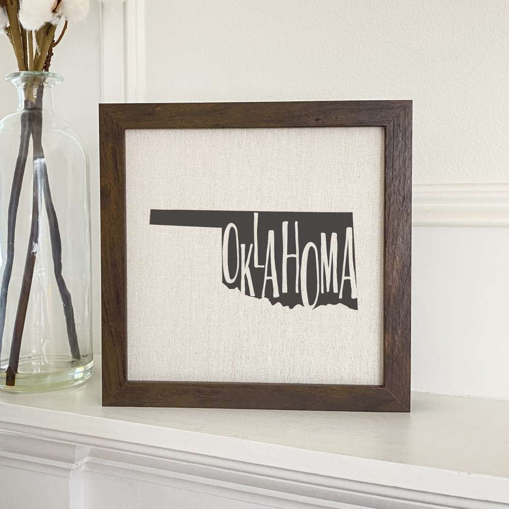 Stylish State Art Framed Sign with a wood frame, featuring eco-friendly printing on a linen-look background.