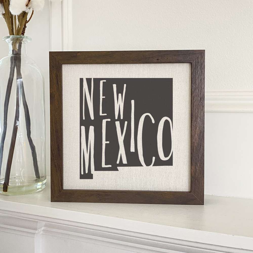 Stylish State Art Framed Sign with a wood frame, featuring eco-friendly printing on a linen-look background.