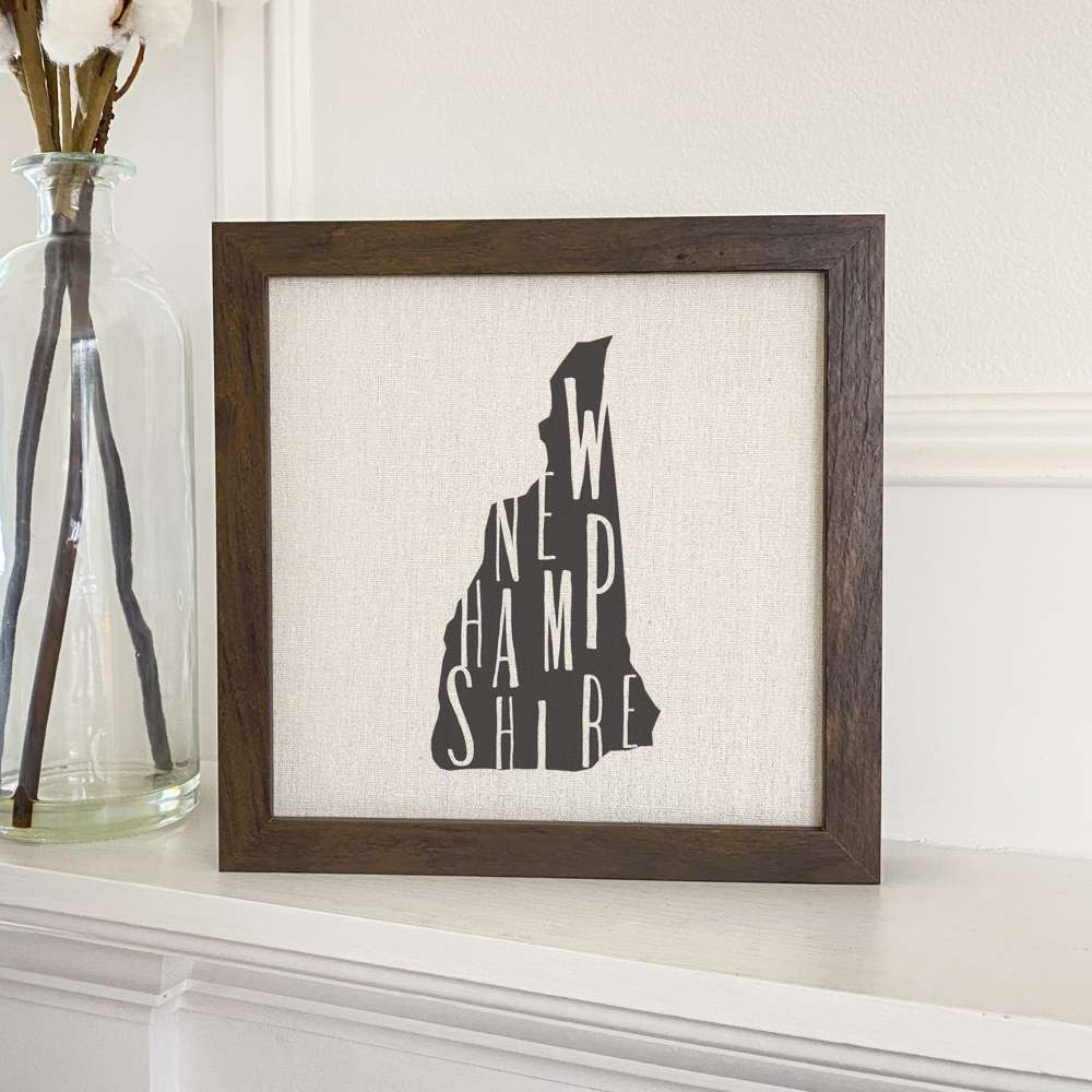 Stylish State Art Framed Sign with a wood frame, featuring eco-friendly printing on a linen-look background.