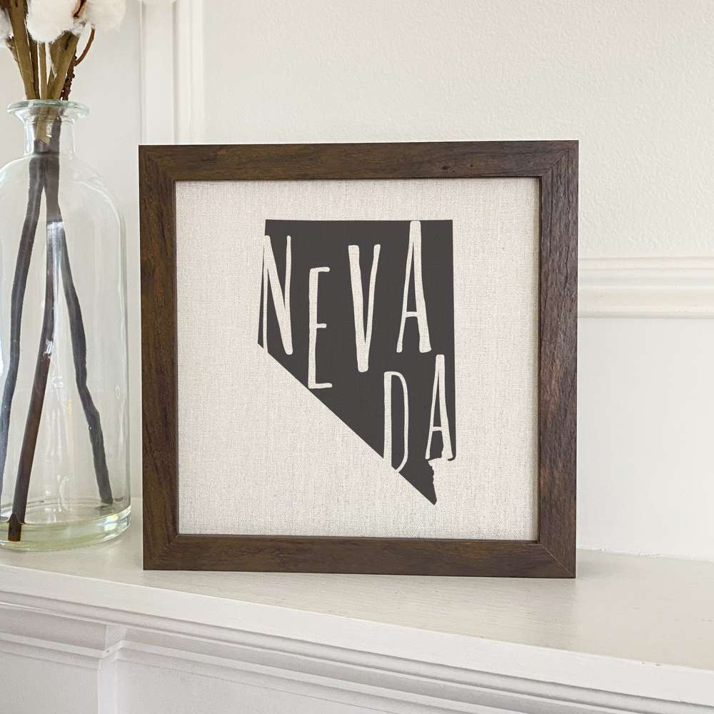 Stylish State Art Framed Sign with a wood frame, featuring eco-friendly printing on a linen-look background.