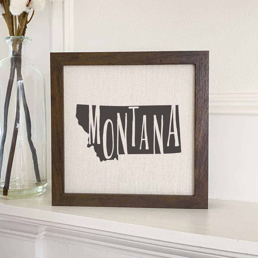 Stylish State Art Framed Sign with a wood frame, featuring eco-friendly printing on a linen-look background.