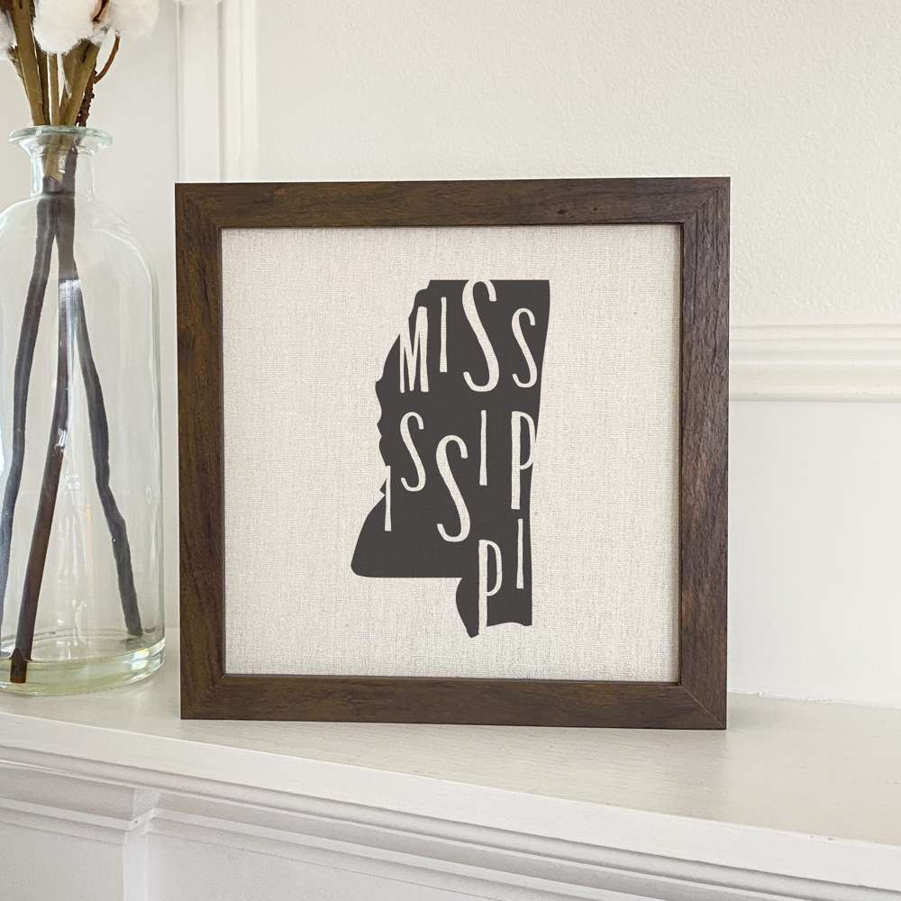 Stylish State Art Framed Sign with a wood frame, featuring eco-friendly printing on a linen-look background.