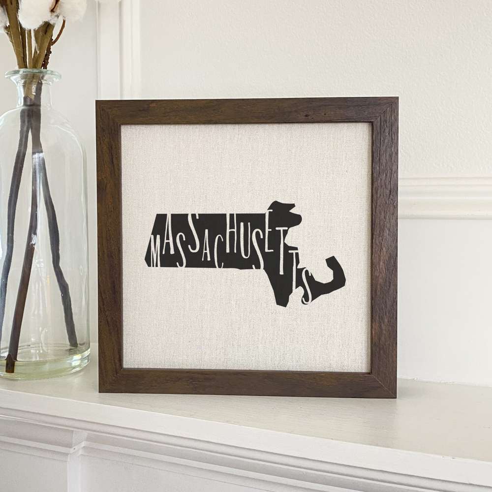 Stylish State Art Framed Sign with a wood frame, featuring eco-friendly printing on a linen-look background.