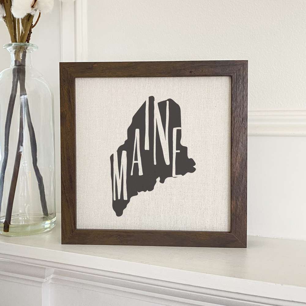 Stylish State Art Framed Sign with a wood frame, featuring eco-friendly printing on a linen-look background.