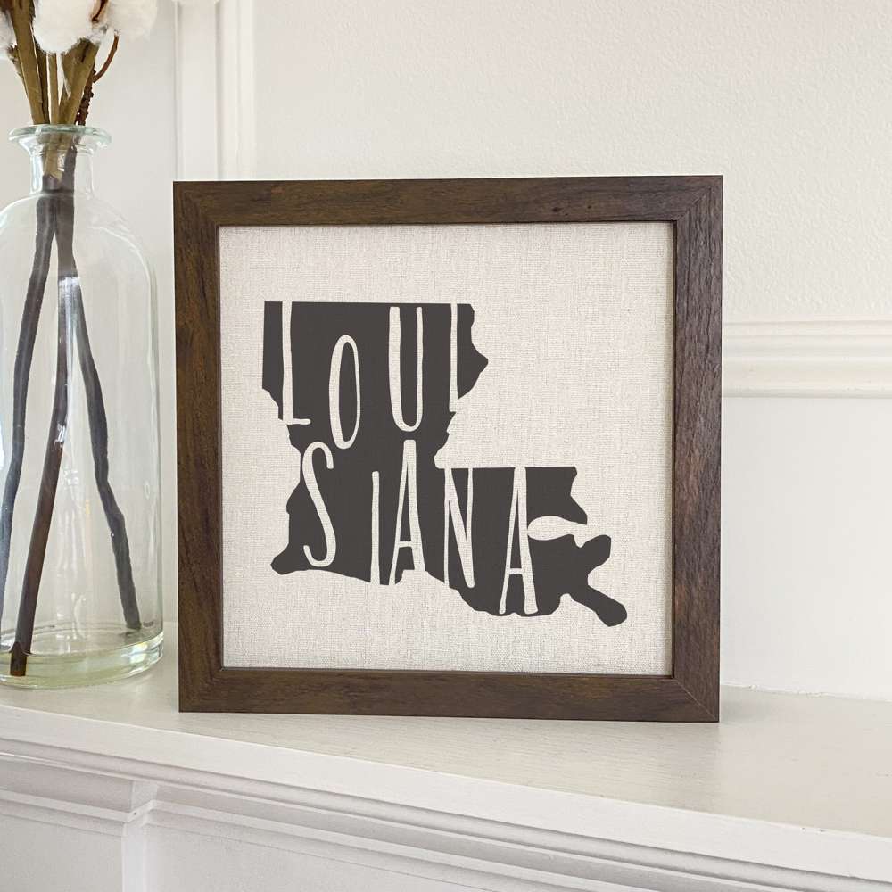 Stylish State Art Framed Sign with a wood frame, featuring eco-friendly printing on a linen-look background.